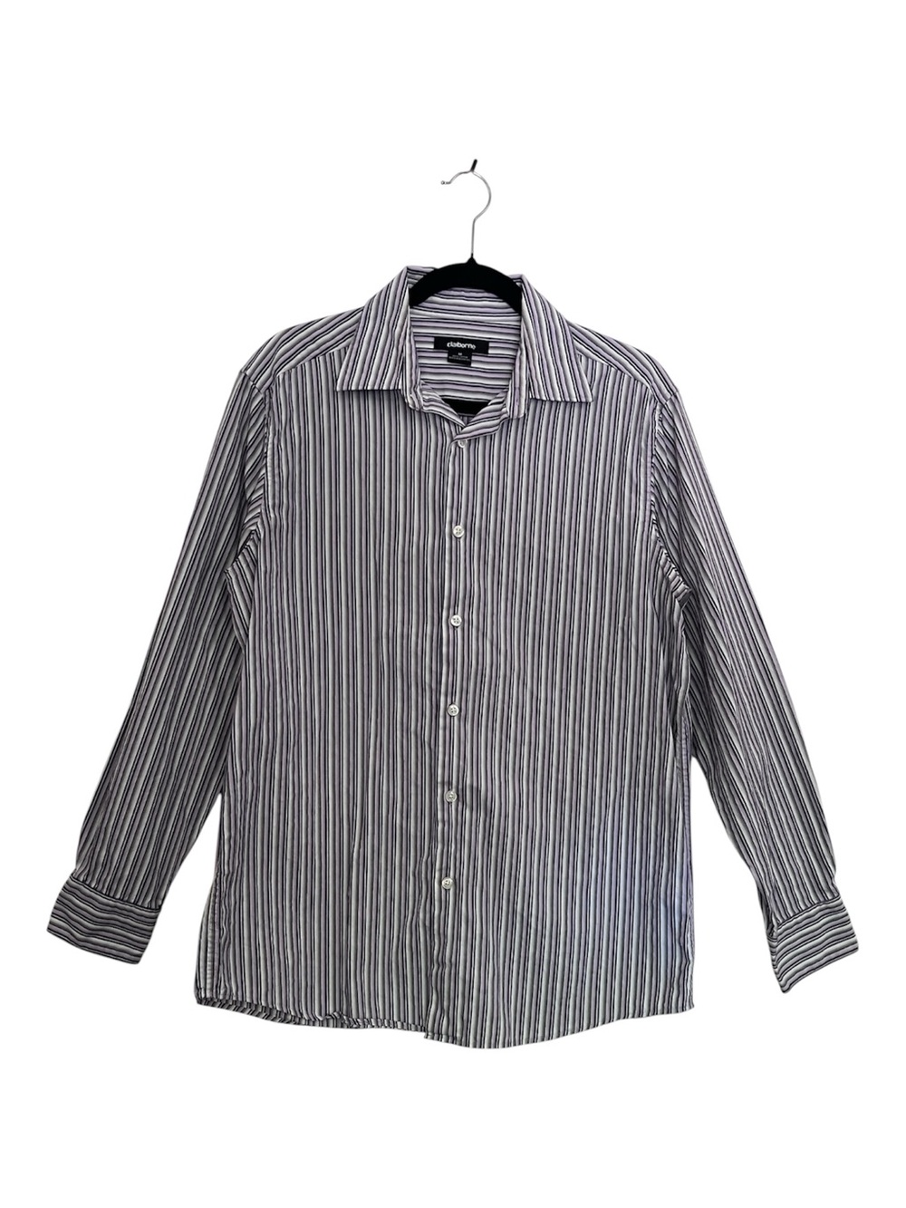 Claiborne Men’s Black, Purple and White Vertical Stripe Dress Shirt Size M
